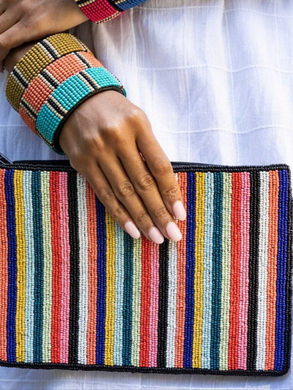 Ink&Alloy Annabella Handmade Beaded Colorful Stripe Seed Bead Clutch, NWOT